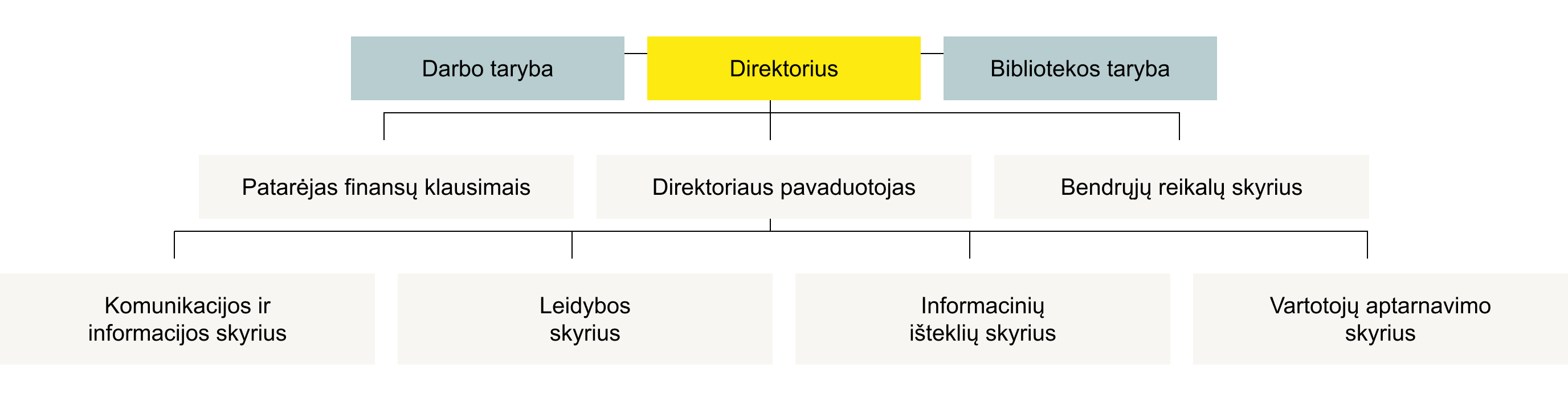 Šią organizaciją sudaro trys pagrindiniai valdymo lygmenys: aukščiausioji vadovybė su patariamaisiais organais, vidurinioji grandis ir jai pavaldūs vykdomieji skyriai. Pirmas lygmuo (Aukščiausioji vadovybė): struktūros viršūnėje yra Direktorius. Su juo viename lygmenyje veikia dvi tarybos: Darbo taryba ir Bibliotekos taryba. Antras lygmuo (Vidurinioji grandis): Direktoriui tiesiogiai pavaldūs trys subjektai: Patarėjas finansų klausimais, Direktoriaus pavaduotojas ir Bendrųjų reikalų skyrius. Trečias lygmuo (Vykdomieji skyriai): Direktoriaus pavaduotojui tiesiogiai pavaldūs keturi specializuoti skyriai: Komunikacijos ir informacijos skyrius, Leidybos skyrius, Informacinių išteklių skyrius bei Vartotojų aptarnavimo skyrius.