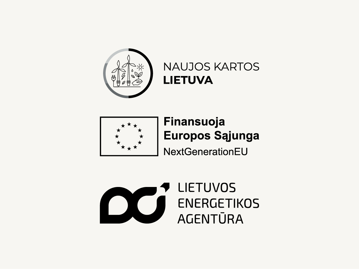 Trys logotipai: Naujos kartos Lietuva, ES su prierašu: Finansuoja Europos Sąjunga, Next Generation EU, ir Lietuvos energetikos agentūros logotipas.