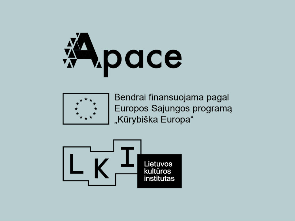 Trys logotipai: APACE, ES su prierašu: bendrai finansuojama pagal Europos Sąjungos programą "Kūrybiška Europa", ir Lietuvos kultūros instituto.