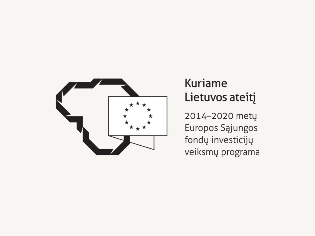 Logotipas, kuriame Lietuvos kontūras, o jame – ES vėliava. Greta logotipo prierašas: Kuriame Lietuvos ateitį. 2014–2020 metų Europos Sąjungos fondų investicijų veiksmų programa.