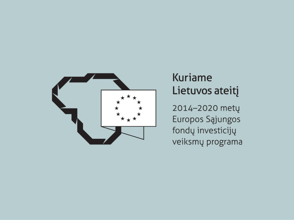 Logotipas, kuriame Lietuvos kontūras, o jame – ES vėliava. Greta logotipo prierašas: Kuriame Lietuvos ateitį. 2014–2020 metų Europos Sąjungos fondų investicijų veiksmų programa.