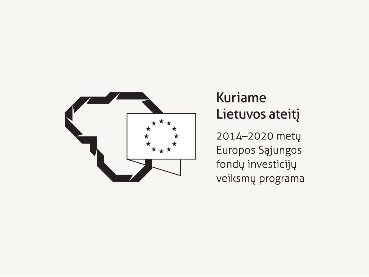 Logotipas, kuriame Lietuvos kontūras, o jame – ES vėliava. Greta logotipo prierašas: Kuriame Lietuvos ateitį. 2014–2020 metų Europos Sąjungos fondų investicijų veiksmų programa.