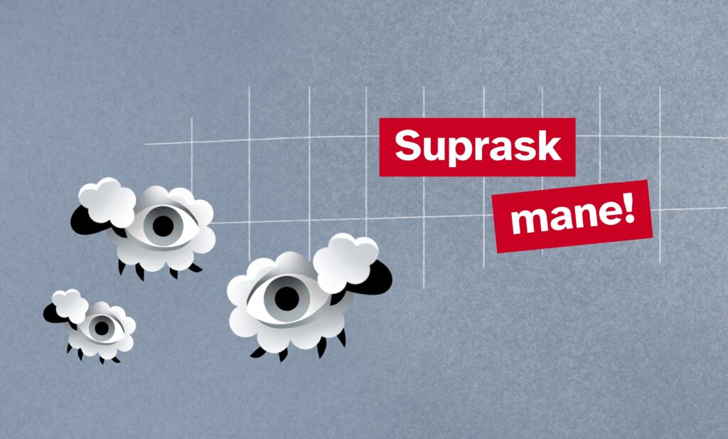 Trys stilizuotos avys, kurių kūneliuose vietoj įprasto vaizdo – didelės akys. Dešinėje – užrašas raudoname fone „Suprask mane!“.