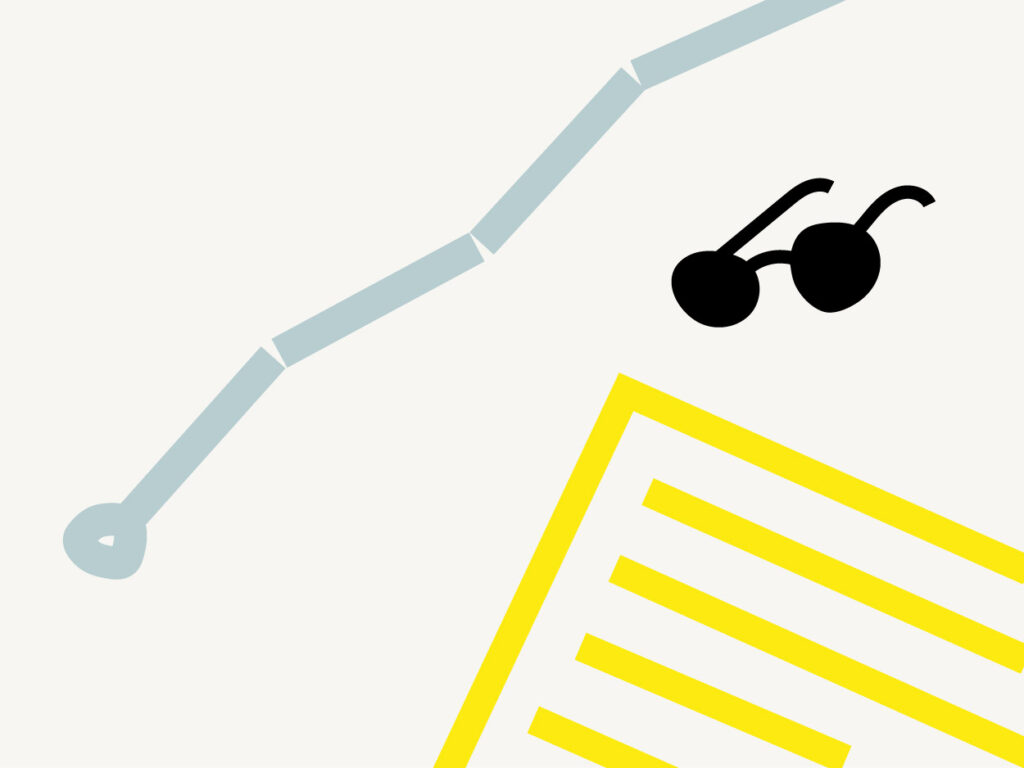 Grafiškai pavaizduota baltoji lazdelė, akiniai.