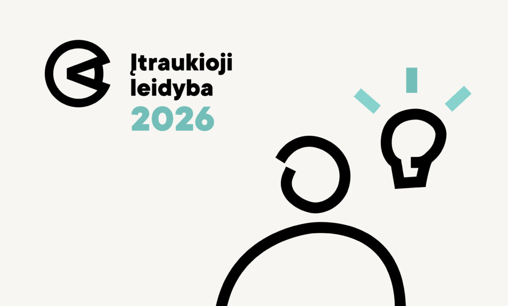 Renginio pavadinimas „Įtraukioji leidyba 2026“ su prieinamo leidinio logotipu kairėje ir grafiniu elementu dešinėje – abstrakčia žmogaus silueto bei degančios lemputės iliustracija.