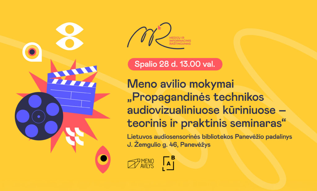 MIRKT, LAB ir Meno avilio logotipai. Taip pat grafškai pavaizduoti filmų rekvizitai