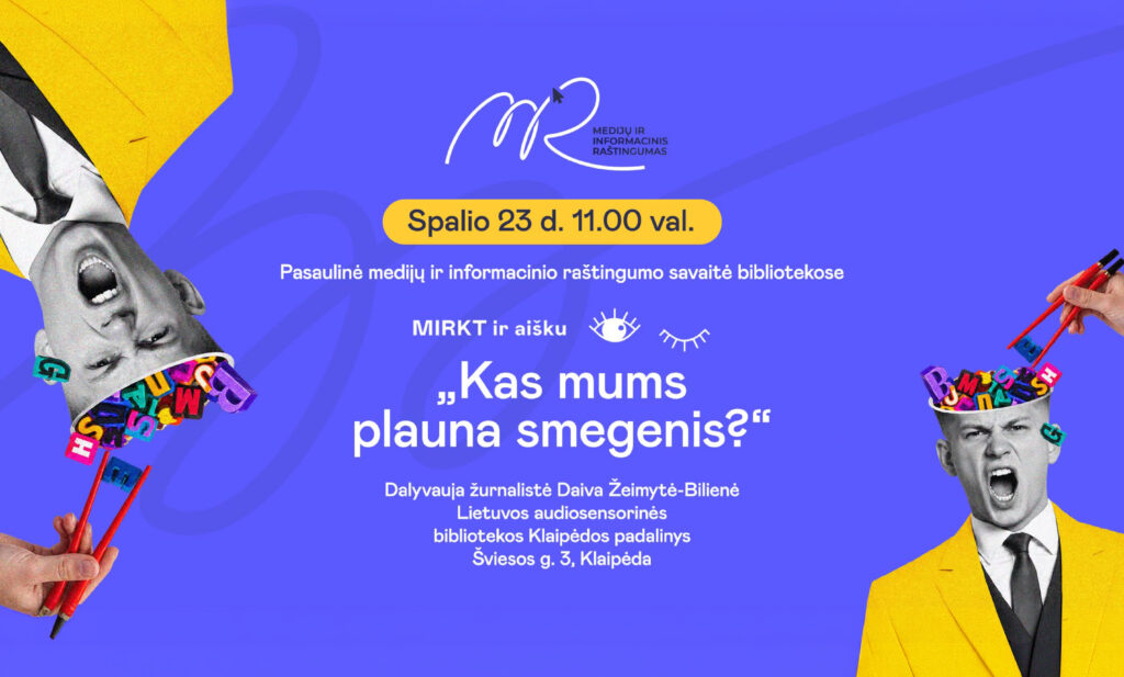 Mėlyname fone matomas MIRKT iniciatyvos logotipas. Dviejuose kampuose iki pusės matomi du vyrai su geltonais švarkais, nespalvotais veidais ir nupjautu skalpu.